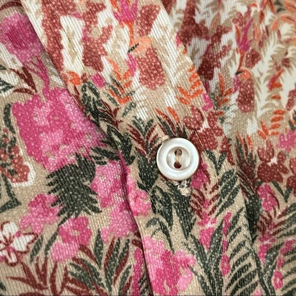 Vintage 70’s Floral Lightweight Button Down Top Tan Pink Green S - Picture 5 of 6